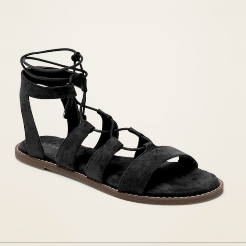 NWT Old Navy Gladiator Lace up Faux Suede Black Sandals Size 8